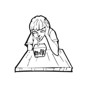 Milk drink decal, black line-art girl holding a milk carton
