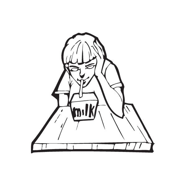 Milk drink decal, black line-art girl holding a milk carton