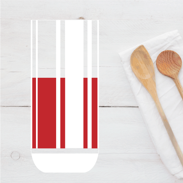 Drinking glass juice sticker with red vertical stripes on a white base