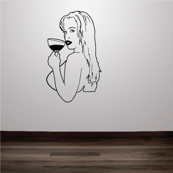 Drinking woman wall decal in black line art, holding a wine glass