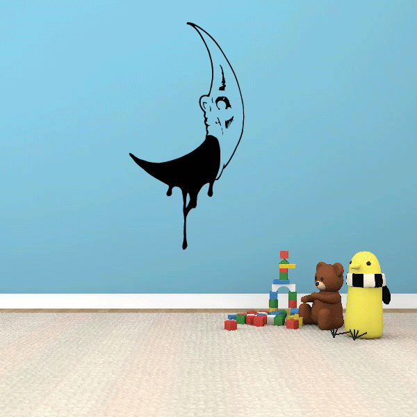 Black crescent moon wall decal with dripping silhouette