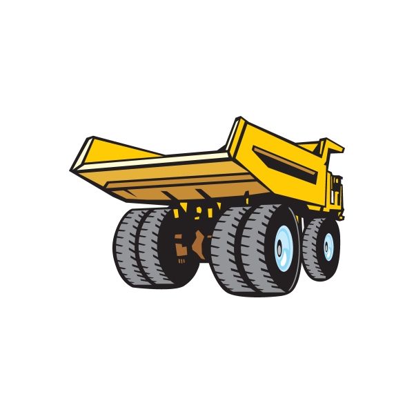 Yellow dump truck sticker with wide bed and large treaded tires