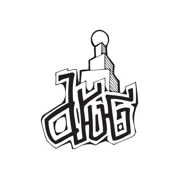 Graffiti decal with black-and-white lettering and syringe-bottle icon