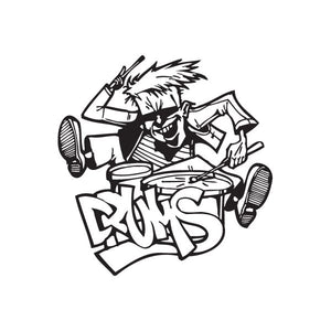 Graffiti drum decal of a cartoon drummer and drums in black and white