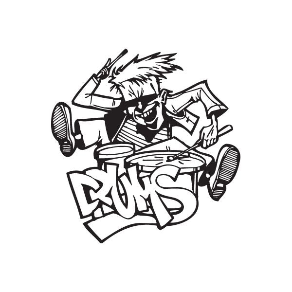 Graffiti drum decal of a cartoon drummer and drums in black and white