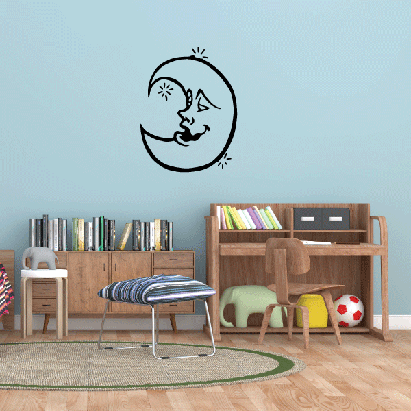 Moon phase wall decal with black cat face inside a crescent shape