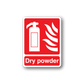 Dry powder fire sticker, red with white extinguisher and flame icons