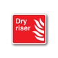 Red fire sticker with white border, 'Dry riser' text and flame icon