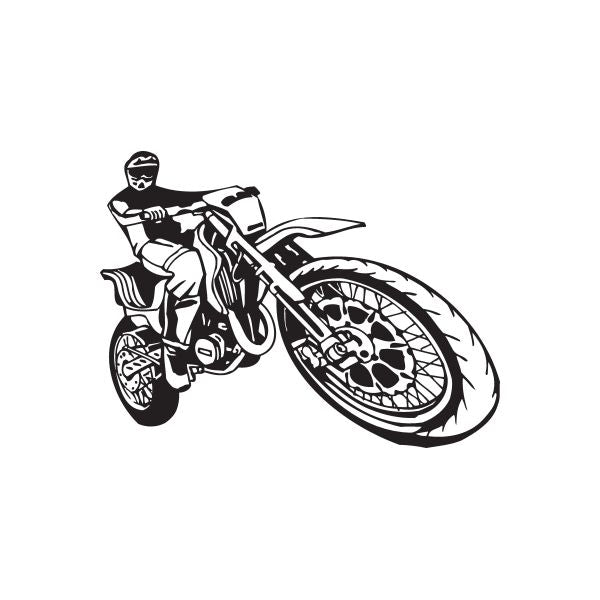 Black dirt bike graphic decal, side view with wheels and engine details