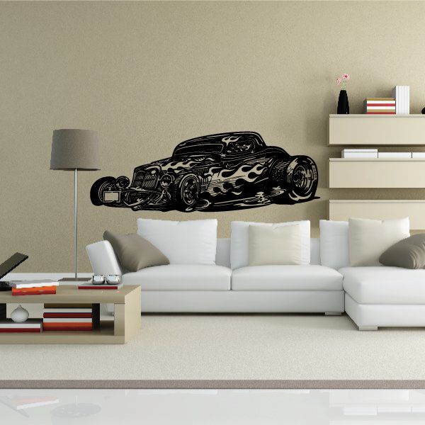Black hot rod car wall decal with flame graphics and outlined body