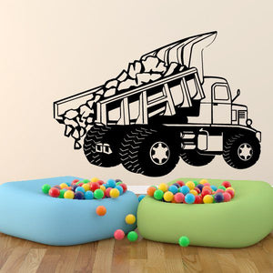 Dump truck wall decal with gravel in raised bed, black and white outline