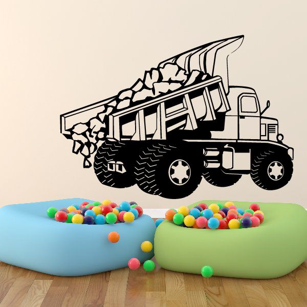Dump truck wall decal with gravel in raised bed, black and white outline