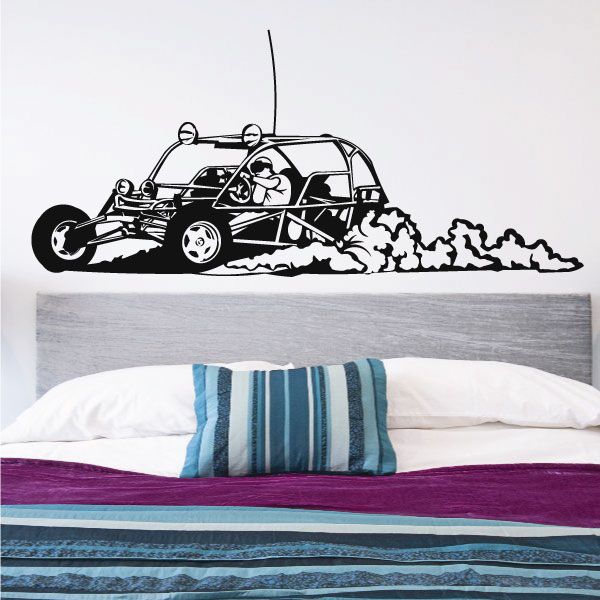 Off-road dune buggy vinyl decal with rock-climbing silhouette, black and white