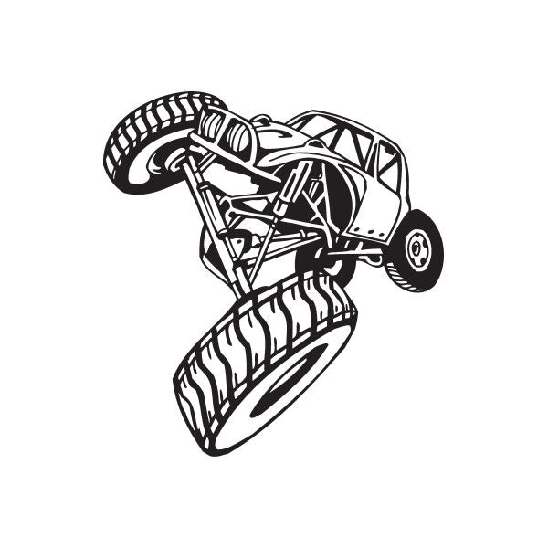 Dune buggy vinyl wall decal, black line art vehicle with wheels and suspension detail