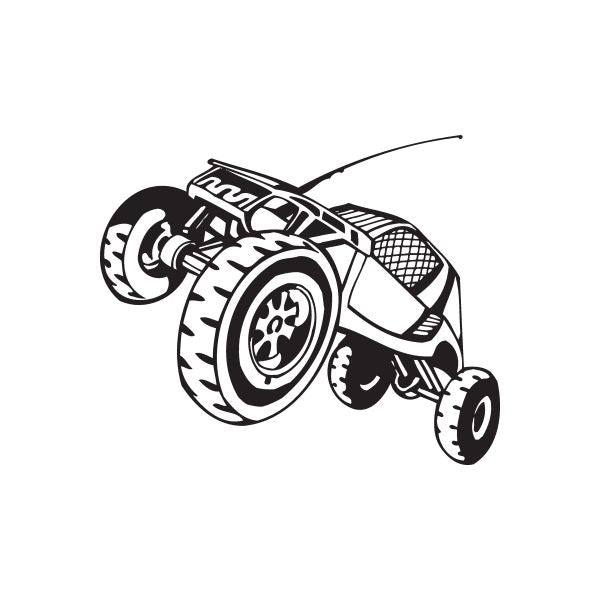Stylized black-and-white dune buggy vinyl wall decal with wheels and grille