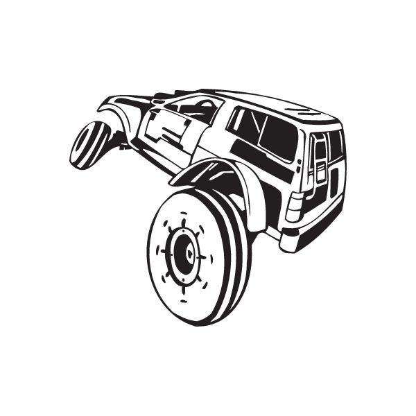 Dune buggy vinyl wall decal, black and white stylized vehicle with front wheel