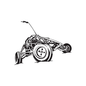 Dune buggy vinyl wall decal, black and white line art with smiling wheel