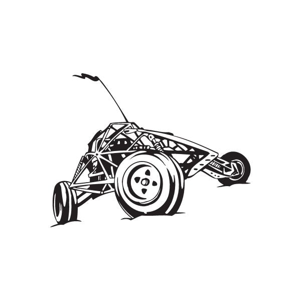 Dune buggy vinyl wall decal, black and white line art with smiling wheel