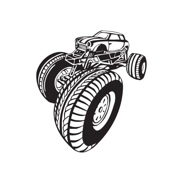 Vinyl wall decal of a black-and-white dune buggy with raised tires