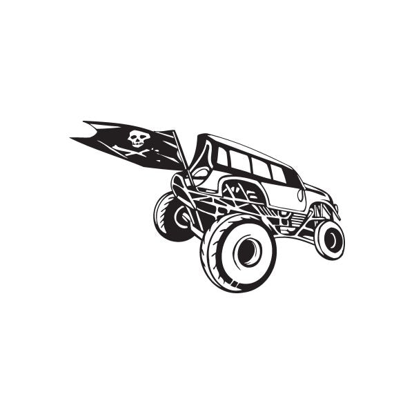 Vinyl wall decal of dune buggy with skull flag, black-and-white