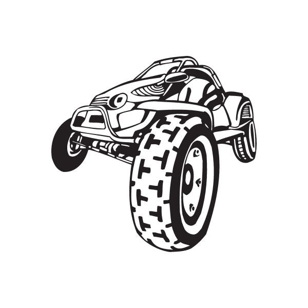 Dune buggy vinyl wall decal, black and white outline of off-road vehicle with wheels