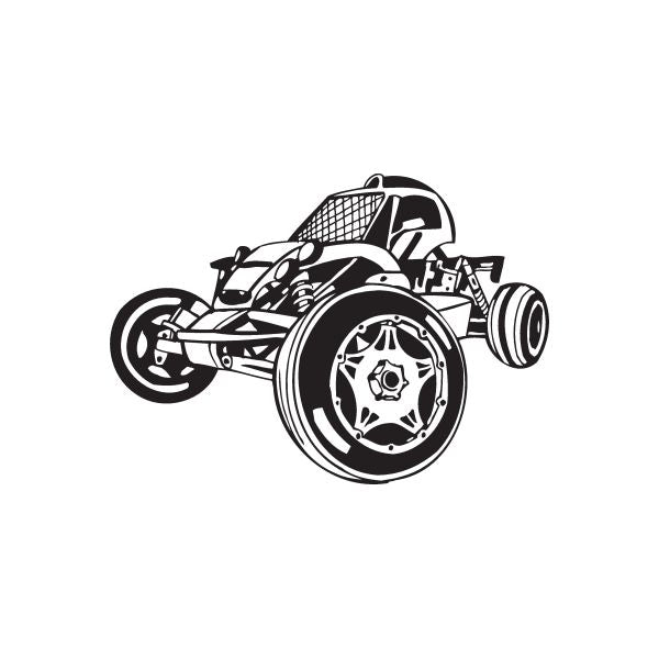 Dune buggy wall decal: black-and-white vinyl car sticker, detailed front wheel view.