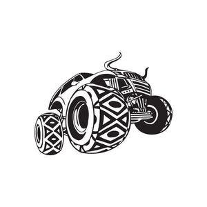 Black and white vinyl dune buggy wall decal with geometric tire and body design