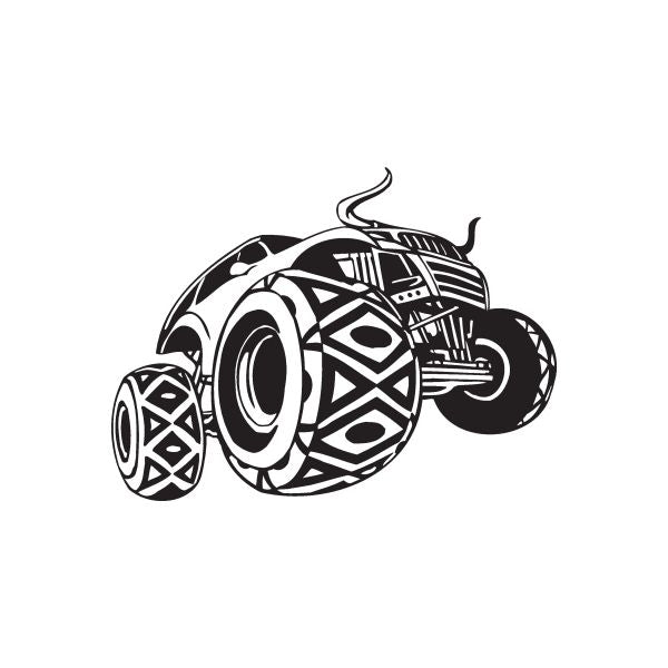 Black and white vinyl dune buggy wall decal with geometric tire and body design