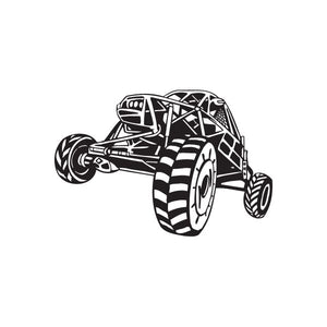 Dune buggy wall decal in black-and-white vinyl, vehicle outline with wheels