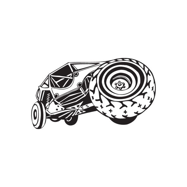 Dune buggy vinyl wall decal, black-and-white with large circular rear wheel