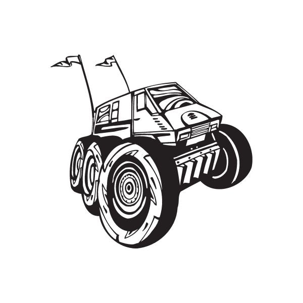 Dune buggy wall decal, black vinyl graphic of an off-road car with flags