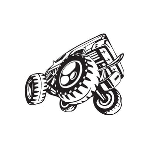 Black and white dune buggy vinyl wall decal with wheels and engine grille