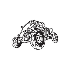 Dune buggy vinyl wall decal, black line-art vehicle with front wheels and tire detail