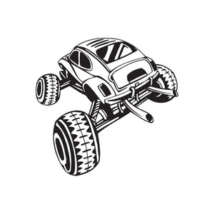 Dune buggy wall decal, black and white vinyl sticker with detailed buggy silhouette and wheels