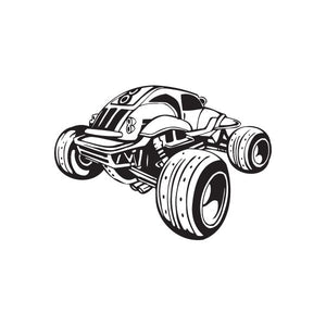 Black-and-white dune buggy vinyl wall decal, stylized race car illustration