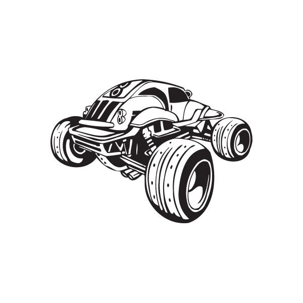 Black-and-white dune buggy vinyl wall decal, stylized race car illustration
