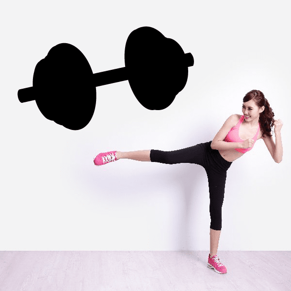 Dumbbell wall decal, black graphic with two round weights and central bar