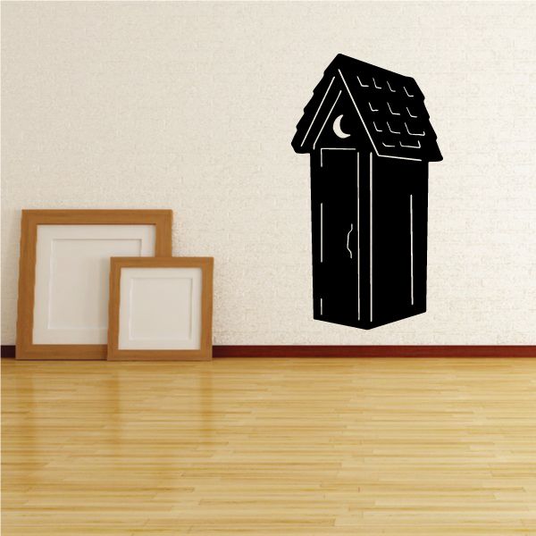 Black outhouse decal silhouette with roof, windows, and door