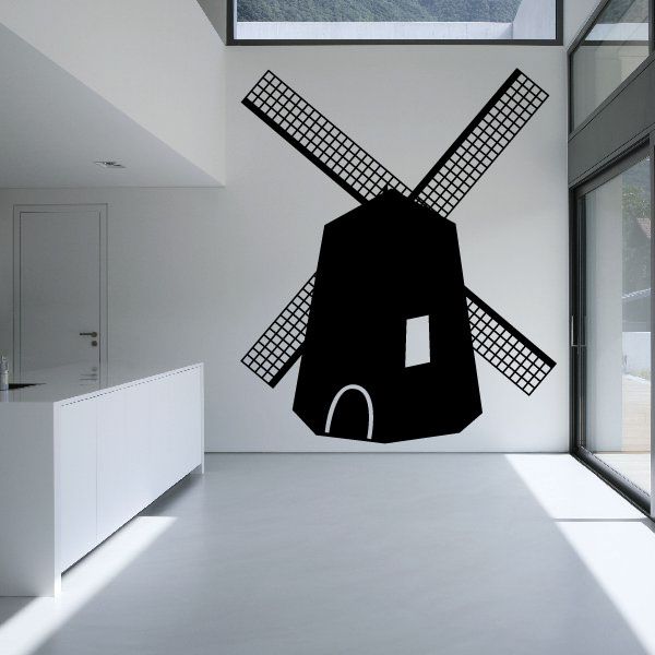 Black windmill decal with four cross blades and arched doorway