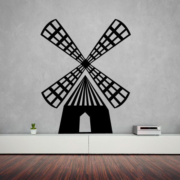 Farmhouse windmill wall decal, black grid-style blades and central windmill body