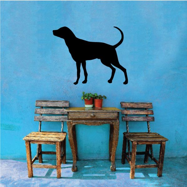 Eager dog decal with black standing dog silhouette, head raised and tail curled