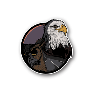 Circular eagle and owl vinyl sticker with black and white birds