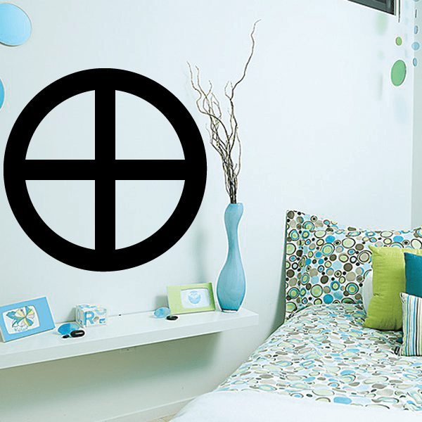 Astrological symbol decal, black circular emblem with vertical and curved lines