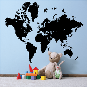 Black world map vinyl wall decal with continents silhouette