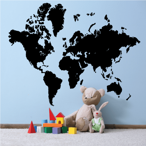 Black world map vinyl wall decal with continents silhouette