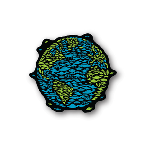 Earth UFO vinyl sticker with blue and green collage design, rounded shape