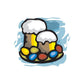 Easter beer mug sticker with two cartoon mugs and colorful eggs
