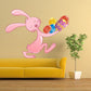 Easter bunny carrying colorful eggs sticker, pink rabbit holding three decorated eggs.