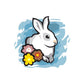 Easter bunny sticker with white rabbit holding pink and yellow flowers