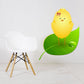 Easter chick on leaf sticker, yellow chick with pink bow on green leaf
